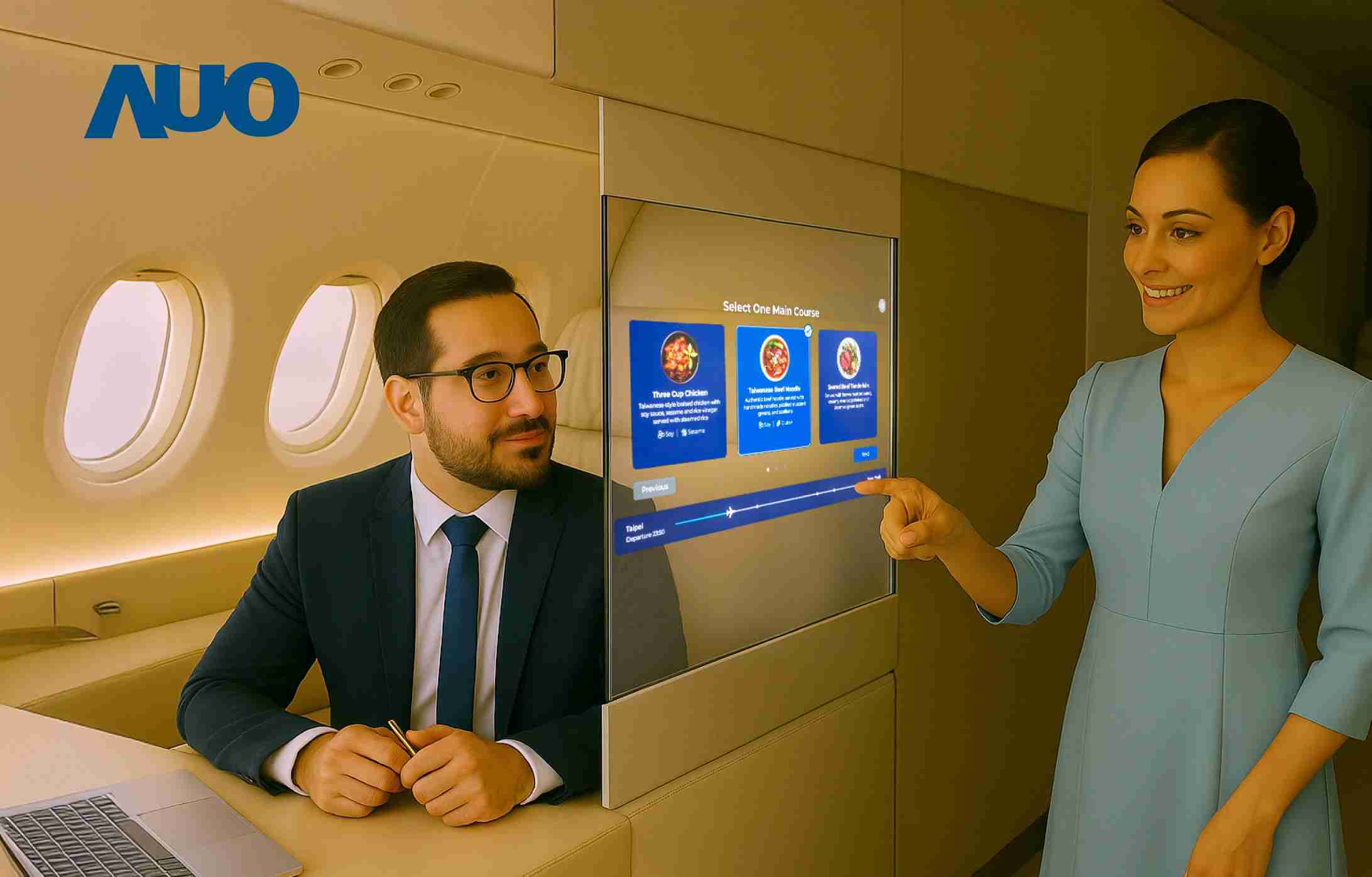 Wepay研发全球最薄17.3 吋双面透明 Micro LED 显示器，，，，可在同一屏幕之双边投射不同信息，，创造独特的”透明化”互动；图为实时翻译交流应用情境